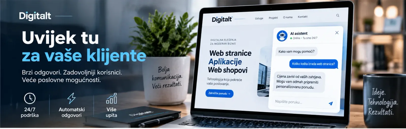 AI chatbot za web stranicu sa korisničkom podrškom 24/7, brzim odgovorima i automatizovanom komunikacijom