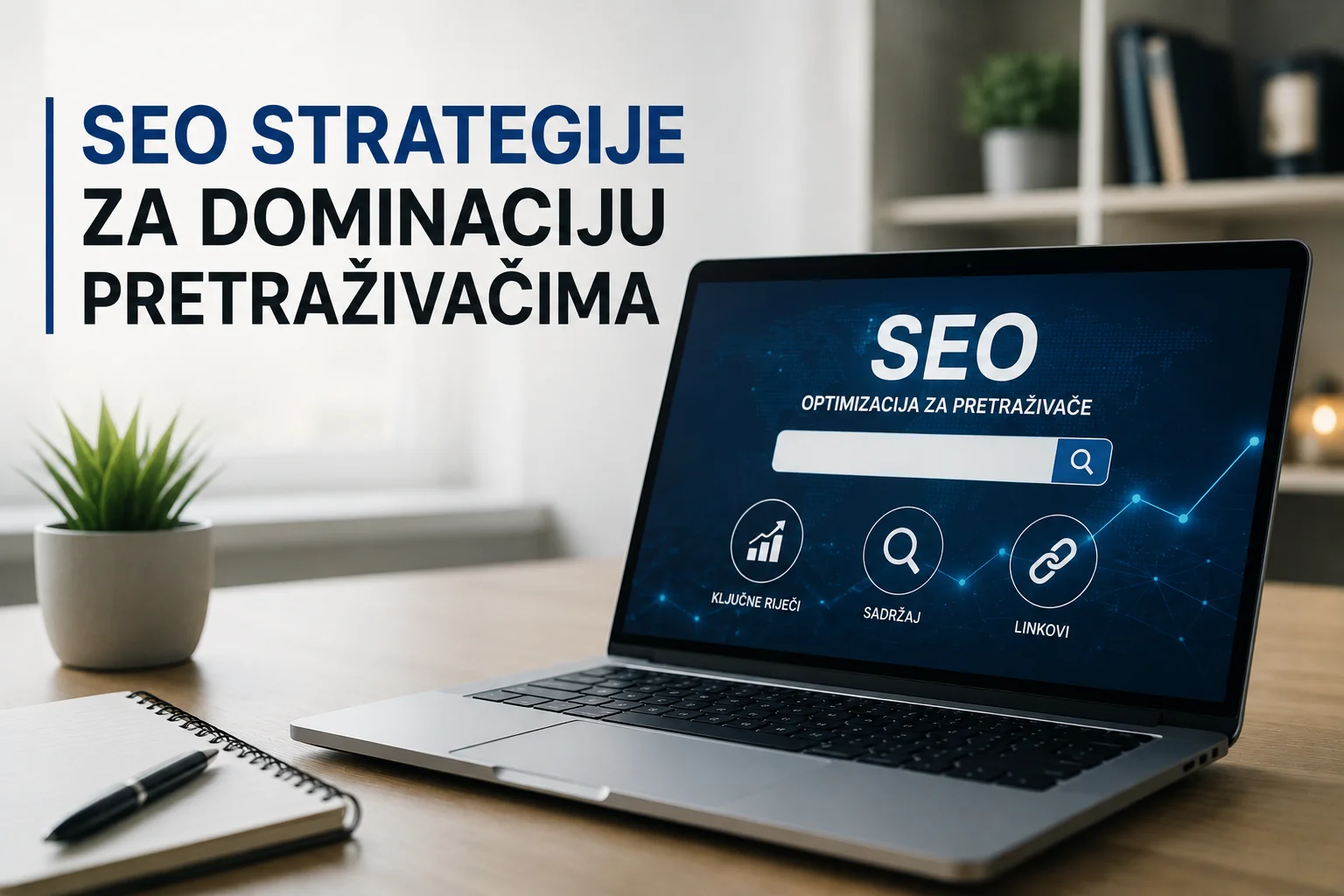 SEO strategije za dominaciju pretraživačima prikazane kroz moderan laptop i digitalni marketing workspace.